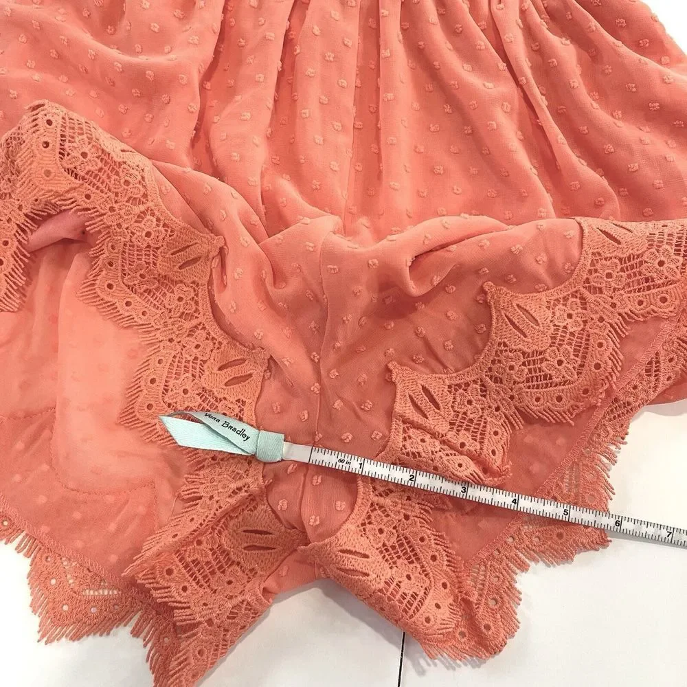 NWT Lulus Meadowlake Coral Orange Swiss Dot Lace Bell‎ Sleeve Romper Size SMALL